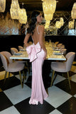 Ndyad Mermaid Pink Backless Long Evening Dresses Spaghetti Straps Party Dresses with Bowknot HZ1024