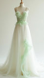 Ndyad White Tulle V-neck A-Line Long Prom Dresses with Beading Formal Evening Dress HZ1024