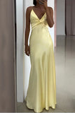 Ndyad Yellow Backless Satin Sheath Spaghetti Strap V-Neck Party Dress Prom Dress HZ1024