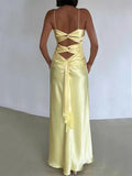 Ndyad Yellow Backless Satin Sheath Spaghetti Strap V-Neck Party Dress Prom Dress HZ1024