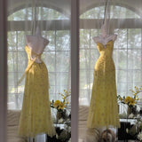 Ndyad Butter Yellow Spaghetti Straps A-line Tulle Beaded Long Prom Dresses Backless Evening Gowns HZ1024