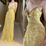 Ndyad Butter Yellow Spaghetti Straps A-line Tulle Beaded Long Prom Dresses Backless Evening Gowns HZ1024