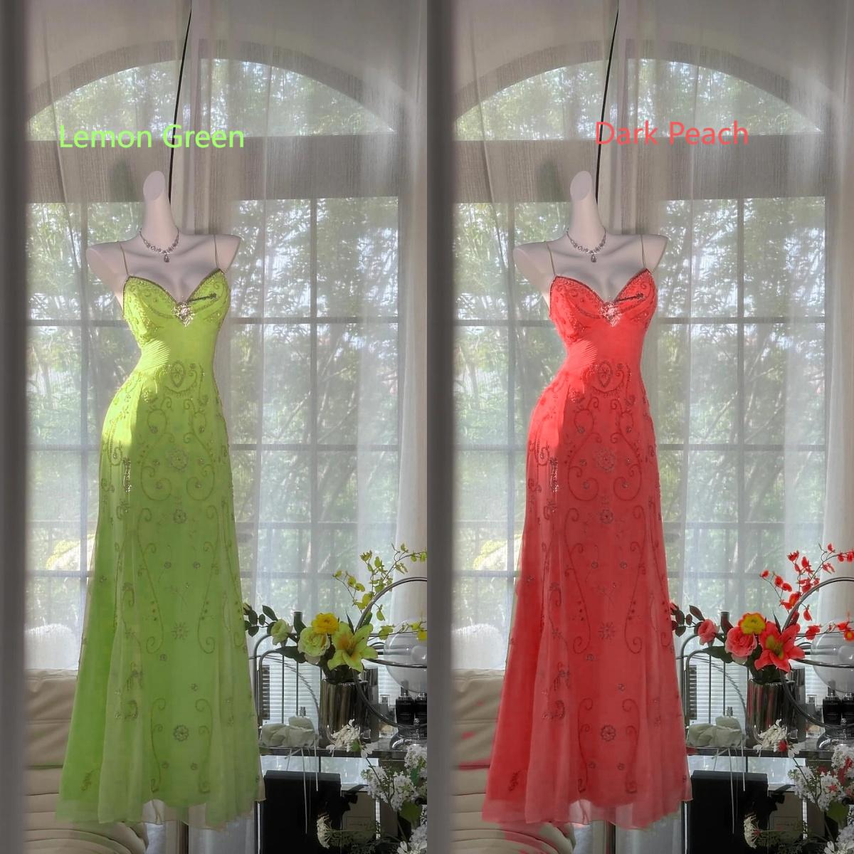 Ndyad Butter Yellow Spaghetti Straps A-line Tulle Beaded Long Prom Dresses Backless Evening Gowns HZ1024