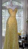Ndyad Butter Yellow Spaghetti Straps A-line Tulle Beaded Long Prom Dresses Backless Evening Gowns HZ1024