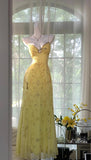 Ndyad Butter Yellow Spaghetti Straps A-line Tulle Beaded Long Prom Dresses Backless Evening Gowns HZ1024