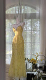 Ndyad Butter Yellow Spaghetti Straps A-line Tulle Beaded Long Prom Dresses Backless Evening Gowns HZ1024