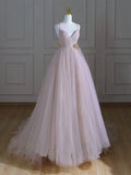 Ndyad V Neck Tulle Pink Long Prom Dress, Pink Tulle Long Formal Dress HZ1024