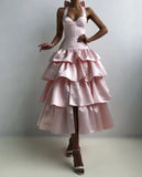 Ndyad A-Line Halter Prom Dress Tiered Satin Empire-Waist Sleeveless Party Dress 22nd Birthday Dress with Bow HZ1024