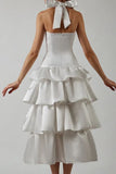 Ndyad A-Line Halter Prom Dress Tiered Satin Empire-Waist Sleeveless Party Dress 22nd Birthday Dress with Bow HZ1024