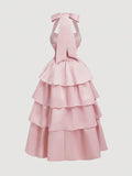 Ndyad A-Line Halter Prom Dress Tiered Satin Empire-Waist Sleeveless Party Dress 22nd Birthday Dress with Bow HZ1024