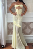 Ndyad Yellow Chiffon Mermaid Evening Dress Chic Strapless Party Dress HZ1024