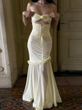 Ndyad Yellow Chiffon Mermaid Evening Dress Chic Strapless Party Dress HZ1024