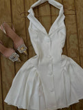 Ndyad White V-neck Satin Backless A-line Party Dresses Beautiful Homecoming Dress HZ1024