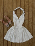 Ndyad White V-neck Satin Backless A-line Party Dresses Beautiful Homecoming Dress HZ1024