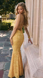 Ndyad Yellow Mermaid Spaghetti Straps Prom Dresses Lace Applique Open Back Evening Dress HZ1024