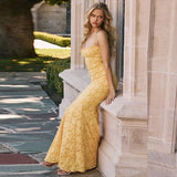 Ndyad Yellow Mermaid Spaghetti Straps Prom Dresses Lace Applique Open Back Evening Dress HZ1024