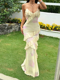 Ndyad Yellow V-Neck Sheath Chiffon Ruffle Spaghetti Straps Party Dress HZ1024