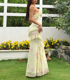 Ndyad Yellow V-Neck Sheath Chiffon Ruffle Spaghetti Straps Party Dress HZ1024
