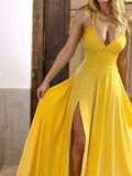 Ndyad Yellow Spaghetti Straps Satin A-Line Sleeveless Party Dresses with Slits HZ1024