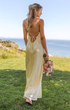 Ndyad Yellow Spaghetti Strap Fashion Dress Backless Satin Evening Dress for Bridesmaids HZ1024