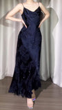 Ndyad Navy Blue Jacquard Satin Spaghetti Strap Sheath Prom Dresses Shiny Beaded Evening Gowns HZ1024