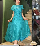 Ndyad Turquoise Round Neck Lace Chiffon A-Line Party Dress HZ1024