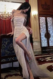 Ndyad A-Line Off the Shoulder Evening Gowns Silver Sequins Long Prom Dress with Split Front HZ1024