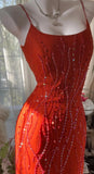 Ndyad Red Spaghetti Strap Chiffon Ruffle Beaded Sheath Long Prom Dresses HZ1024