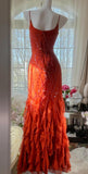 Ndyad Red Spaghetti Strap Chiffon Ruffle Beaded Sheath Long Prom Dresses HZ1024