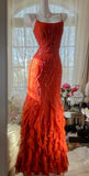 Ndyad Red Spaghetti Strap Chiffon Ruffle Beaded Sheath Long Prom Dresses HZ1024