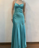Ndyad Turquoise Satin Chiffon Mermaid Long Prom Dresses for Party HZ1024