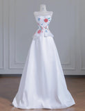 Ndyad White Strapless Satin Beaded A-line Wedding Dresses Formal Evening Gowns HZ1024