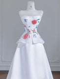 Ndyad White Strapless Satin Beaded A-line Wedding Dresses Formal Evening Gowns HZ1024