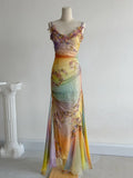 Ndyad Yellow Pink Spaghetti Straps Chiffon Embroidered Appliques Mermaid Prom Dresses Formal Evening Gowns HZ1024