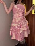 Ndyad Vintage Outfits for Party Y2K Spaghetti Straps Sheath Chiffon Satin Short Prom Dresses HZ1024