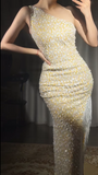 Ndyad Yellow One Shoulder Sheath Sequin Beaded Long Prom Dresses Evening Gowns with Slits HZ1024