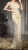Ndyad Yellow One Shoulder Sheath Sequin Beaded Long Prom Dresses Evening Gowns with Slits HZ1024