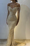 Ndyad Yellow Off Shoulder Mermaid Long Sleeve Beaded Prom Dresses Fashion Evening Dress HZ1024
