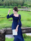 Ndyad Retro Blue Square Neck Puff Sleeve Chiffon Long Dress HZ1024