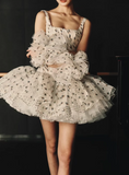 Ndyad White Tulle A-Line Square Neck Polka Dot Short Prom Dresses Elegant Party Dresses HZ1024