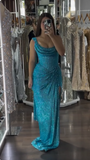 Ndyad Turquoise Scoop Neck Sheath Sequin Long Prom Dresses Formal Evening Gowns with Slits HZ1024