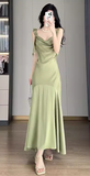 Ndyad Ruffle Satin Swing Neck Suspender Dress Fishtail Maxi Dress HZ1024