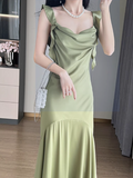 Ndyad Ruffle Satin Swing Neck Suspender Dress Fishtail Maxi Dress HZ1024