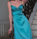 Ndyad Blue Spaghetti Straps Sheath Satin Long Prom Dresses French Evening Gowns HZ1024