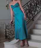 Ndyad Blue Spaghetti Straps Sheath Satin Long Prom Dresses French Evening Gowns HZ1024