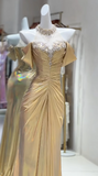 Ndyad Yellow Off Shoulder Mermaid Satin Long Prom Dresses Formal Evening Gowns HZ1024