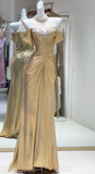 Ndyad Yellow Off Shoulder Mermaid Satin Long Prom Dresses Formal Evening Gowns HZ1024