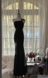 Ndyad Black One Shoulder Mermaid Chiffon Long Prom Dresses Formal Evening Gowns with Beading HZ1024