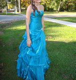 Ndyad Blue Strapless A-Line Tulle Beaded Long Prom Dresses Birthday Evening Gowns HZ1024