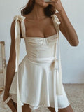 Ndyad White Square Neck A-Line Sleeveless Satin Short Prom Dresses Fashion Party Dress HZ1024